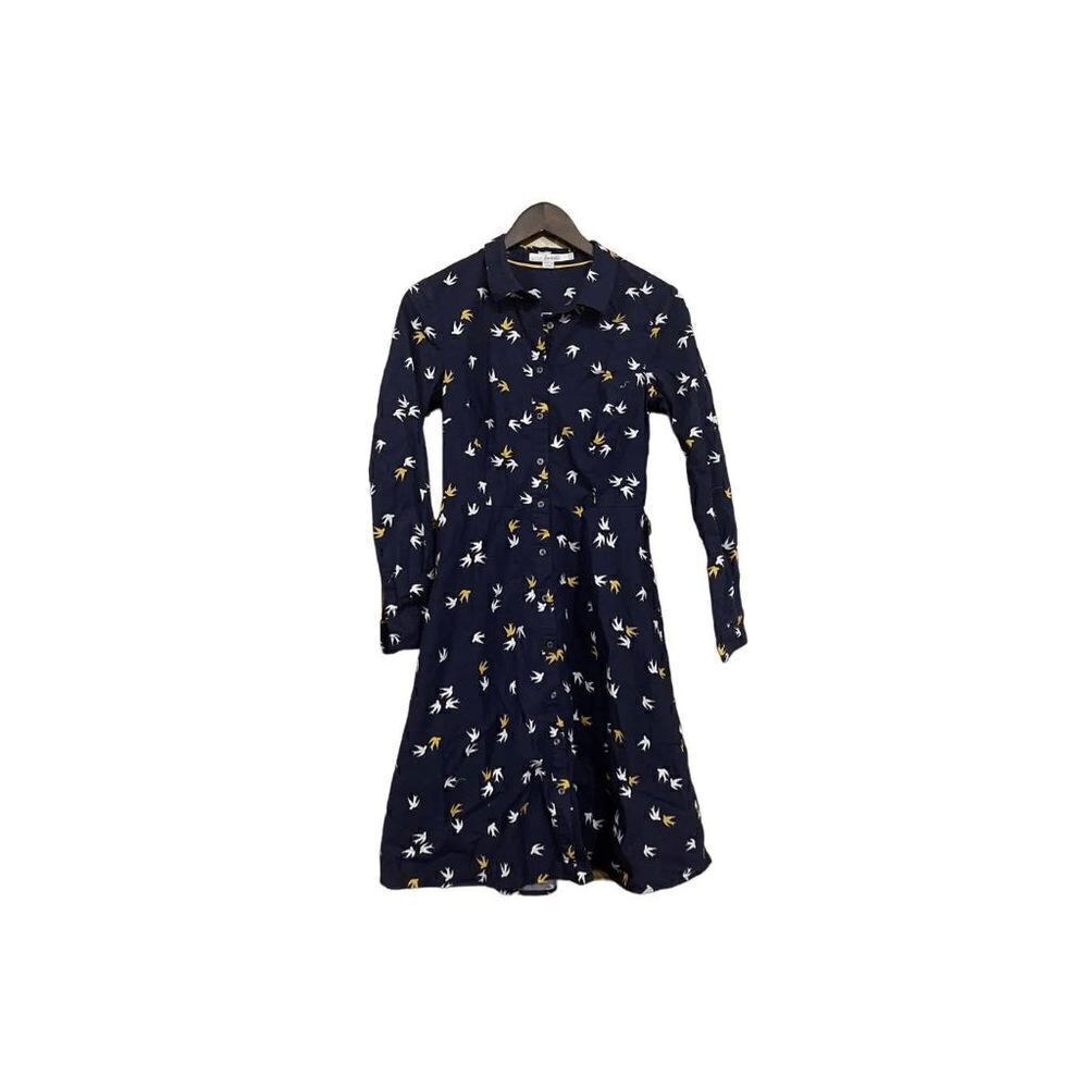 Boden Vintage Fit and Flare Navy Blue Bird Print Dress Women 6R